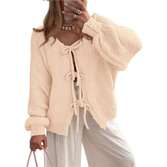 New With Tags Sweaters - NEW Women's Tie Front Bow Cardigan Sweaters Chunky Knit Long Puff Sleeve Trendy